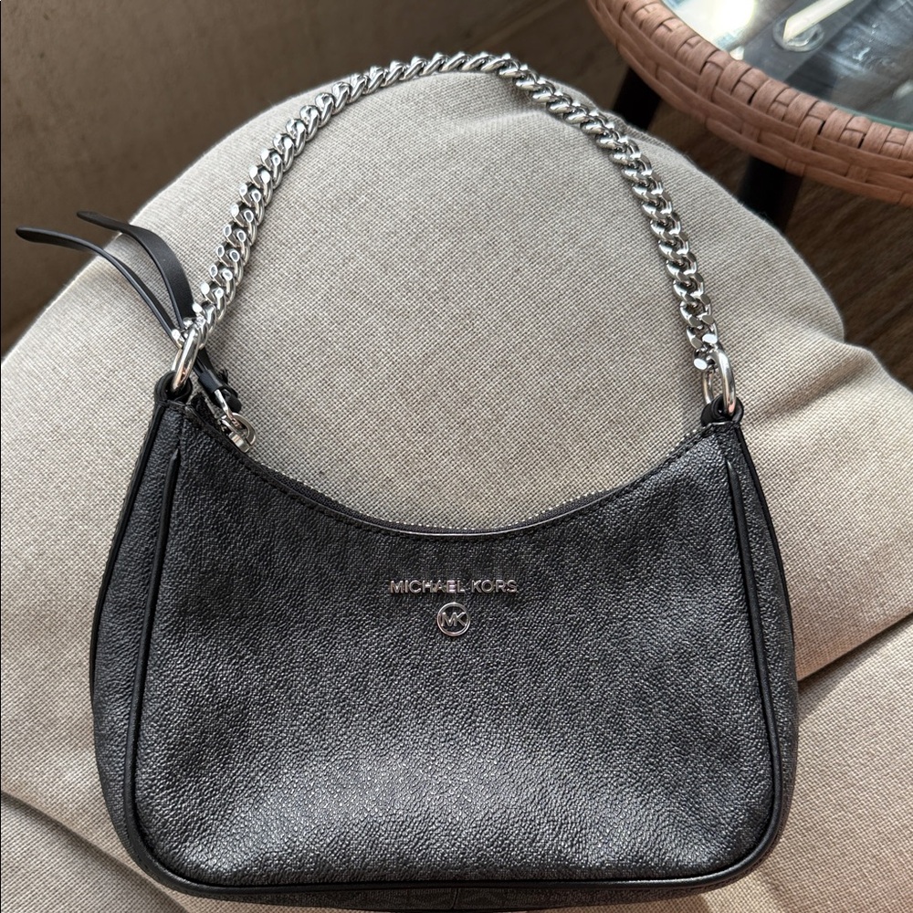 Michael Kors Black Pebbled Leather Shoulder Bag with Silver Chain